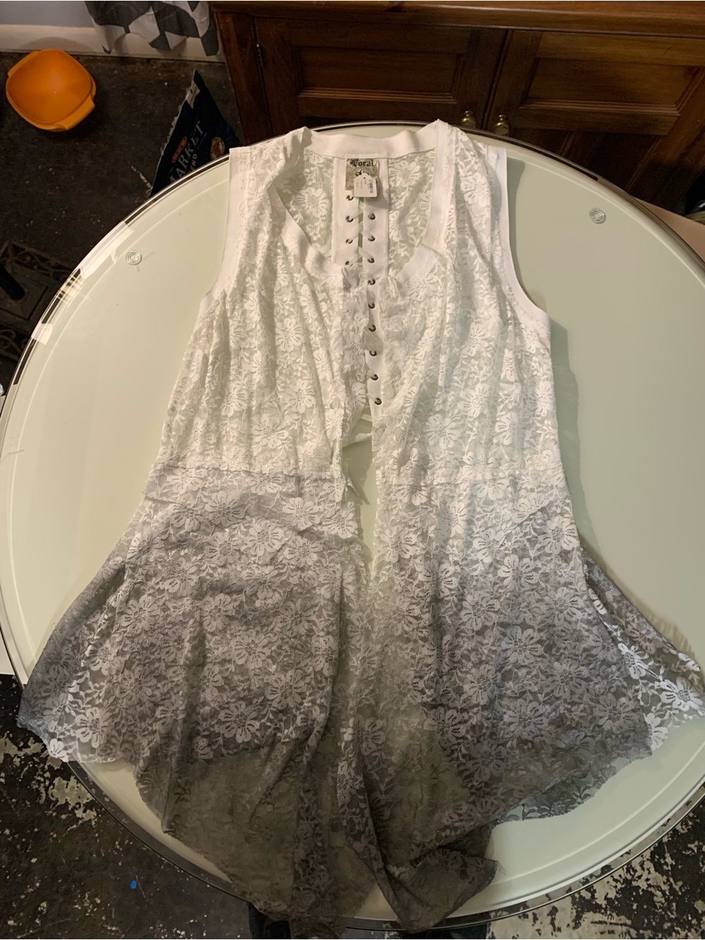 White to Gray Ombre Lace Vest/Overlay with Lace Up Back - Picture 7 of 8
